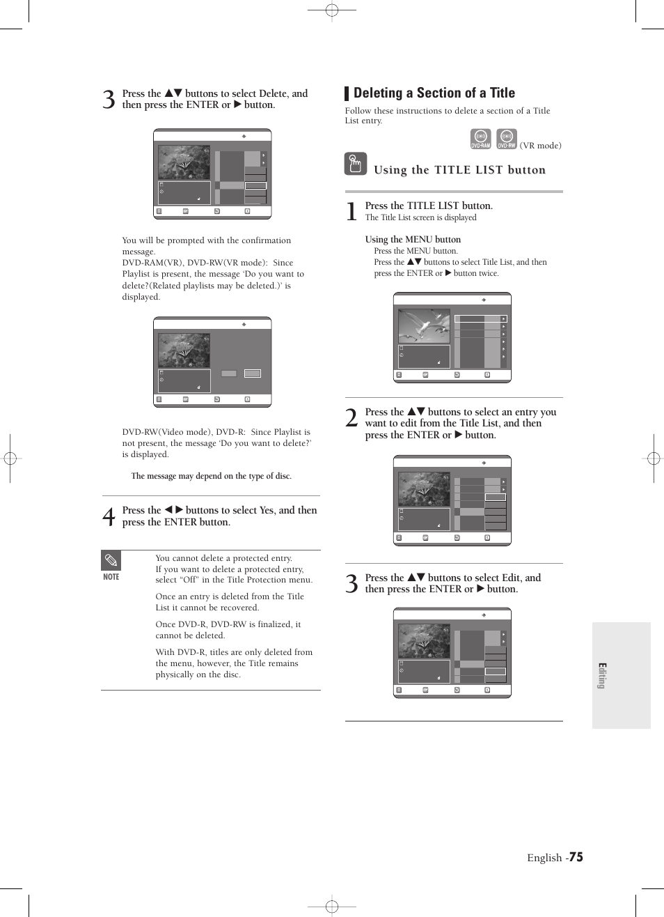 Deleting a section of a title, Using the title list button, English | Press the title list button, Using the menu button, Editing, The title list screen is displayed, Press the menu button, The message may depend on the type of disc, Vr mode) | Samsung DVD-R120-XAX User Manual | Page 75 / 98