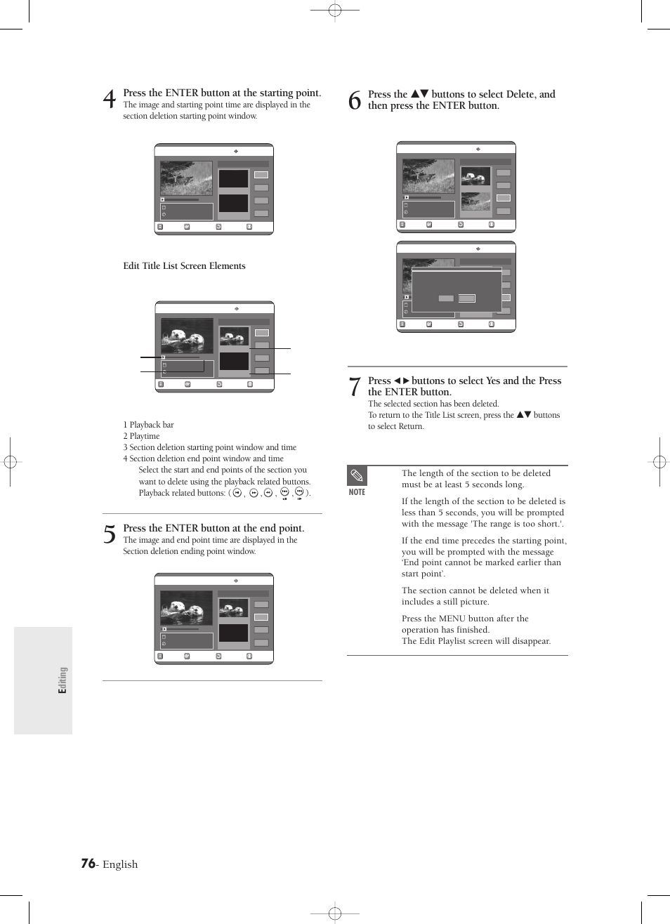 English, Press the enter button at the starting point, Press the enter button at the end point | Press, Editing, Edit title list screen elements, Playback related buttons: ( , , , , ) | Samsung DVD-R120-XAX User Manual | Page 76 / 98