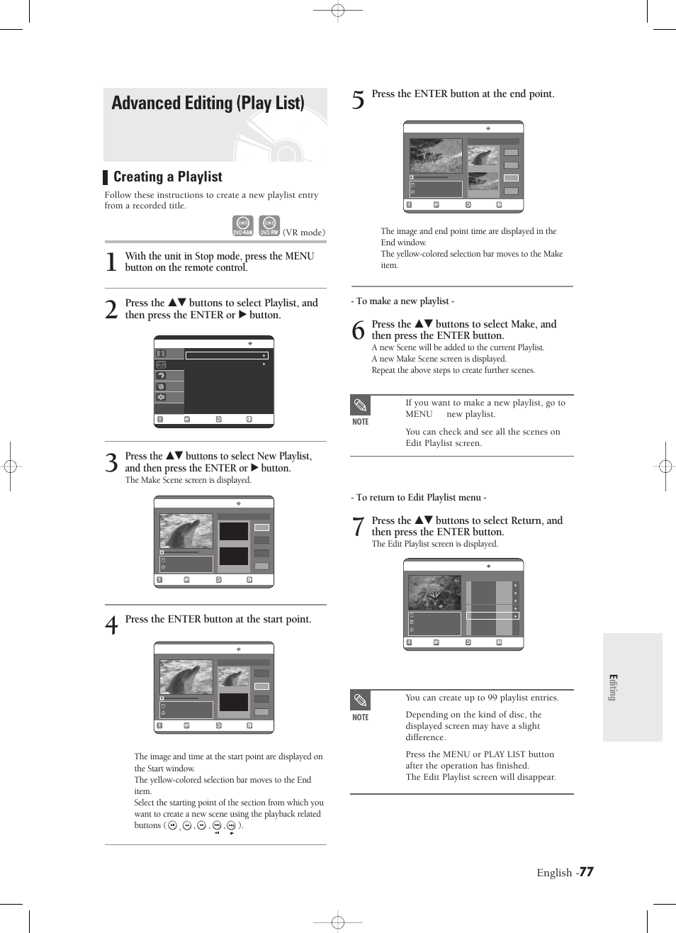 Advanced editing (play list), Creating a playlist, English | Press the enter button at the end point, Press the enter button at the start point, Editing | Samsung DVD-R120-XAX User Manual | Page 77 / 98