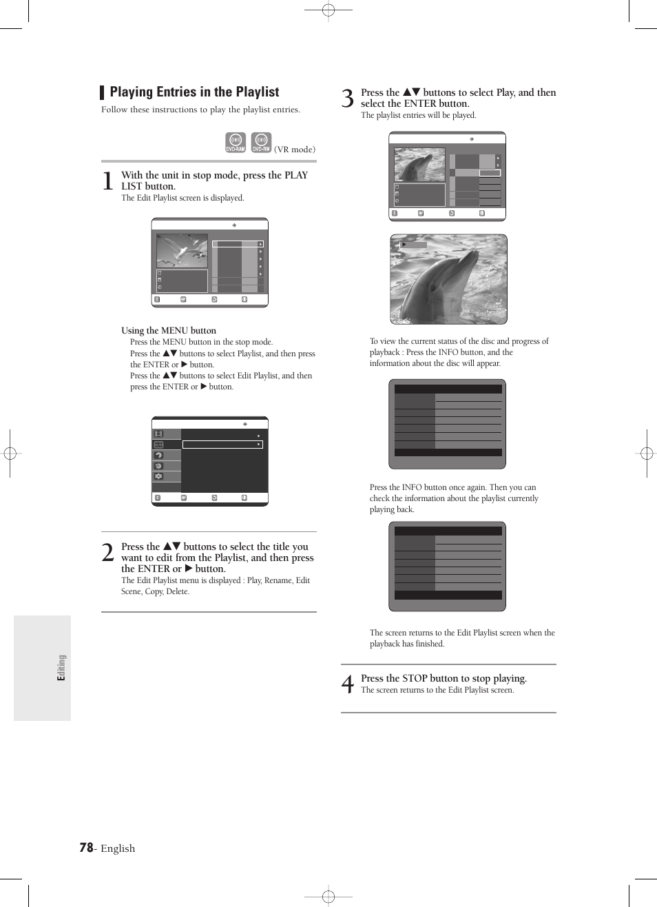 Playing entries in the playlist, English, Press the stop button to stop playing | Using the menu button, Editing, The playlist entries will be played, The screen returns to the edit playlist screen, The edit playlist screen is displayed, Press the menu button in the stop mode, Vr mode) | Samsung DVD-R120-XAX User Manual | Page 78 / 98