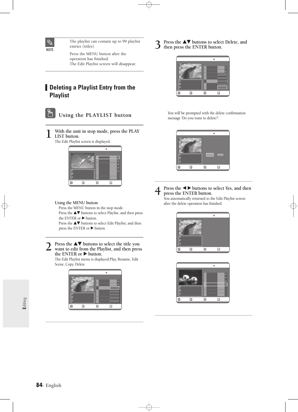 Deleting a playlist entry from the playlist, Using the playlist button, English | Editing, Using the menu button, The edit playlist screen is displayed, Press the menu button in the stop mode | Samsung DVD-R120-XAX User Manual | Page 84 / 98