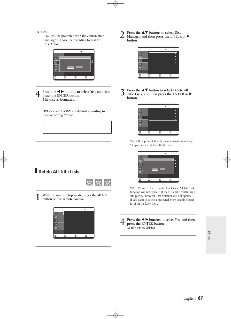 Delete all title lists, English, Editing | All title lists are deleted. dvd-rw | Samsung DVD-R120-XAX User Manual | Page 87 / 98