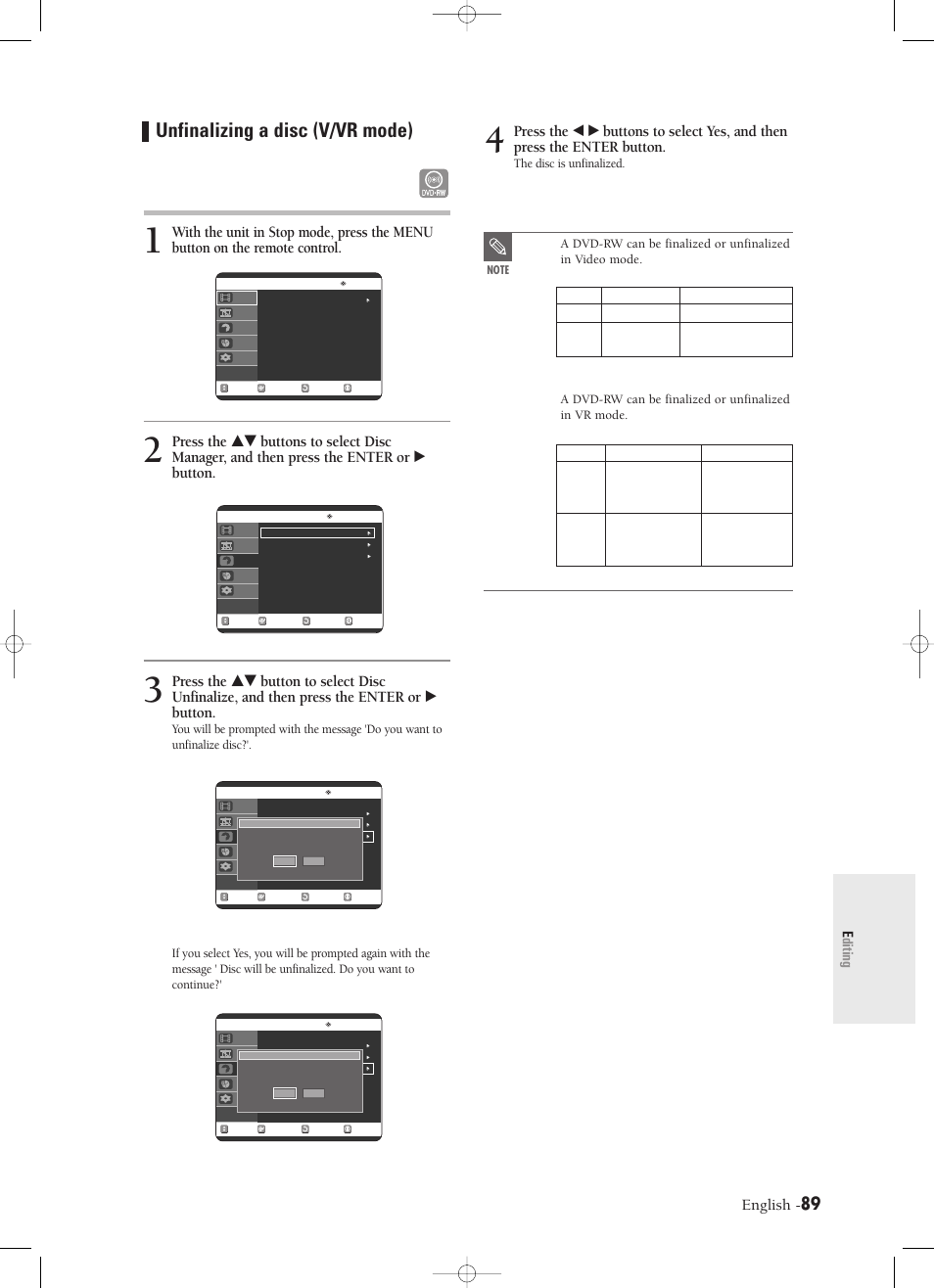 Unfinalizing a disc (v/vr mode), English, Editing | The disc is unfinalized | Samsung DVD-R120-XAX User Manual | Page 89 / 98