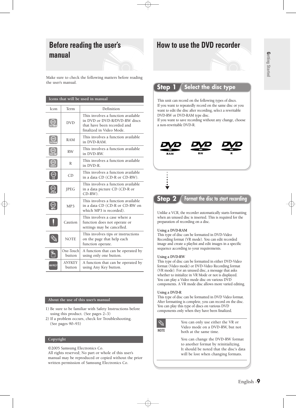 Before reading the user’s manual, How to use the dvd recorder, Step 1 | Step 2, Select the disc type, Format the disc to start recording | Samsung DVD-R120-XAX User Manual | Page 9 / 98