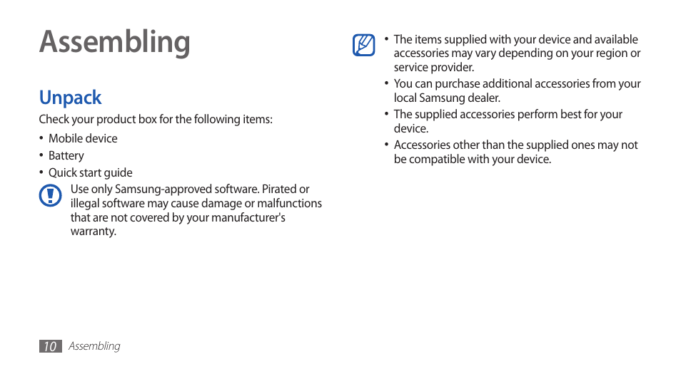 Assembling, Unpack | Samsung YP-G70CW-WON User Manual | Page 10 / 127
