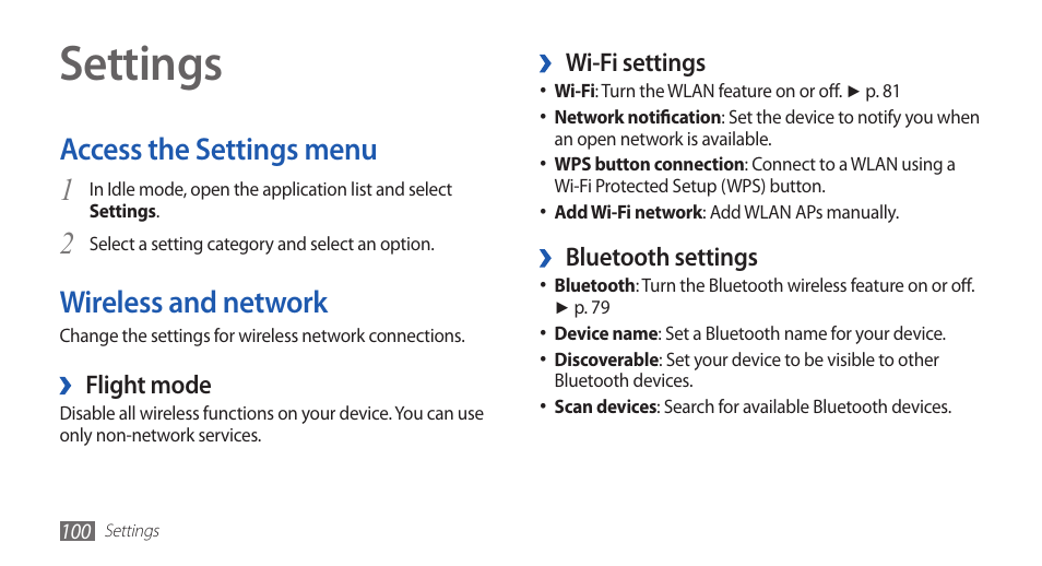 Settings, Access the settings menu, Wireless and network | Access the settings menu wireless and network, 2wireless and network | Samsung YP-G70CW-WON User Manual | Page 100 / 127