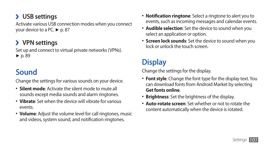 Sound, Display, Sound display | Usb settings, Vpn settings | Samsung YP-G70CW-WON User Manual | Page 101 / 127