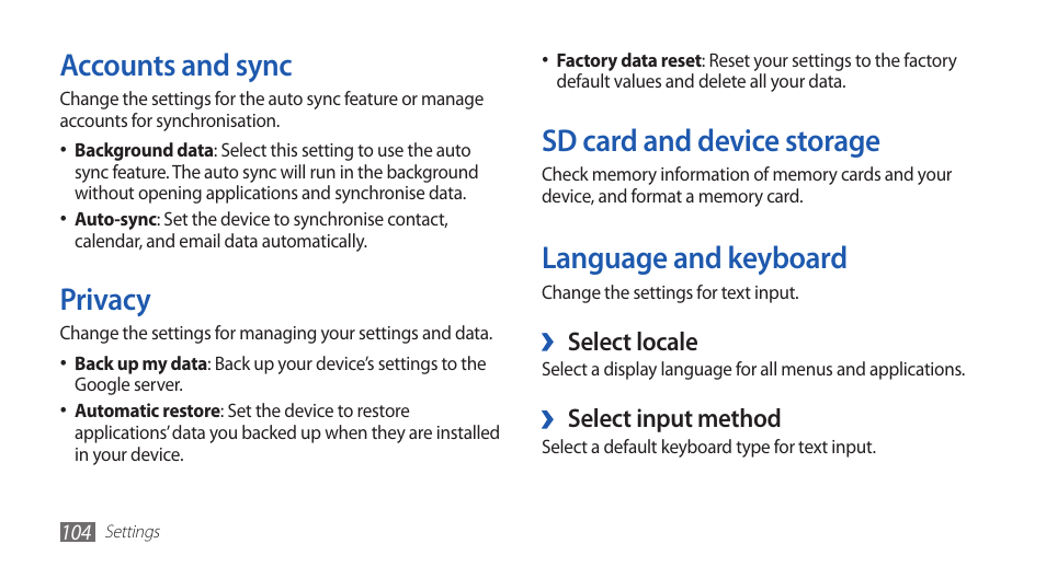 Accounts and sync, Privacy, Sd card and device storage | Language and keyboard | Samsung YP-G70CW-WON User Manual | Page 104 / 127