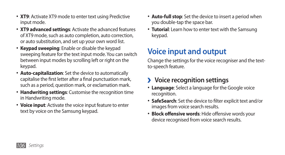 Voice input and output, Voice recognition settings | Samsung YP-G70CW-WON User Manual | Page 106 / 127