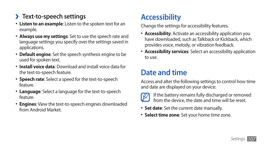 Accessibility, Date and time, Accessibility date and time | Text-to-speech settings | Samsung YP-G70CW-WON User Manual | Page 107 / 127