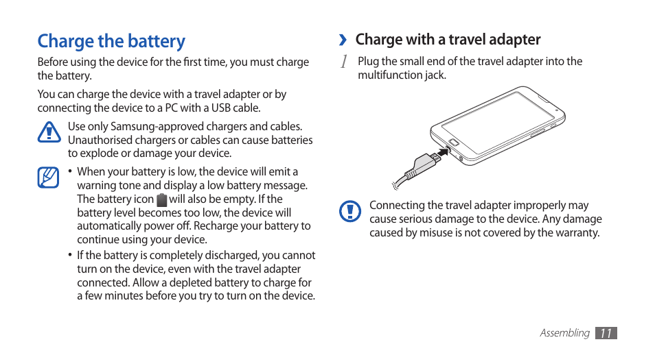 Charge the battery, Charge with a travel adapter | Samsung YP-G70CW-WON User Manual | Page 11 / 127