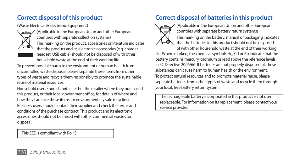 Correct disposal of batteries in this product, Correct disposal of this product | Samsung YP-G70CW-WON User Manual | Page 120 / 127