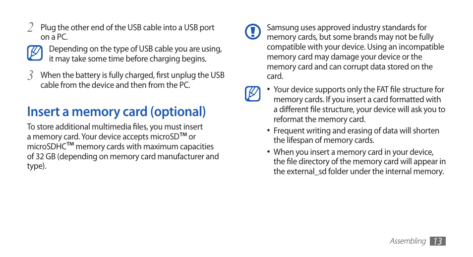 Insert a memory card (optional) | Samsung YP-G70CW-WON User Manual | Page 13 / 127