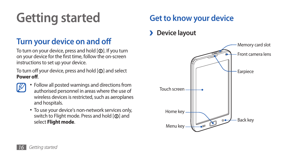 Getting started, Turn your device on and off, Get to know your device | Samsung YP-G70CW-WON User Manual | Page 16 / 127