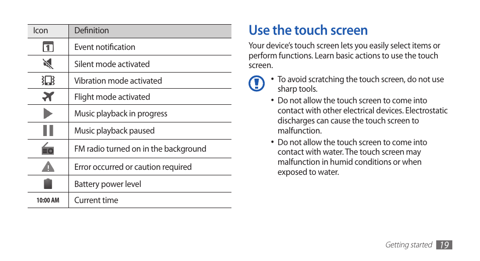 Use the touch screen | Samsung YP-G70CW-WON User Manual | Page 19 / 127