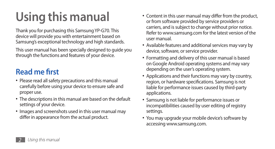 Using this manual, Read me first | Samsung YP-G70CW-WON User Manual | Page 2 / 127