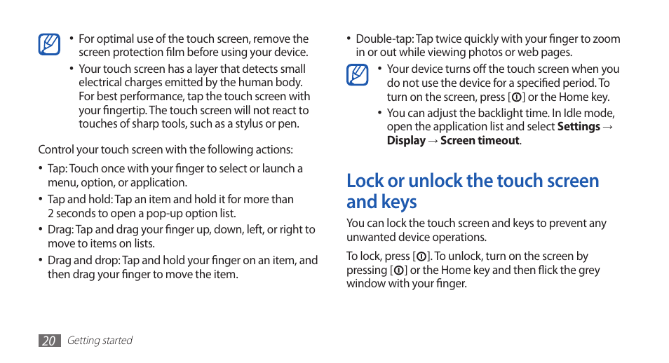 Lock or unlock the touch screen and keys | Samsung YP-G70CW-WON User Manual | Page 20 / 127