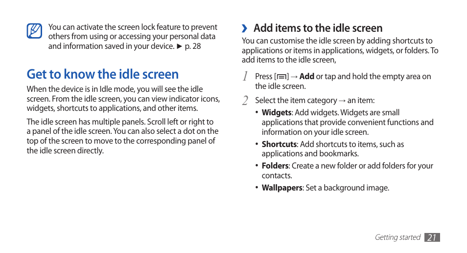 Get to know the idle screen, Add items to the idle screen | Samsung YP-G70CW-WON User Manual | Page 21 / 127