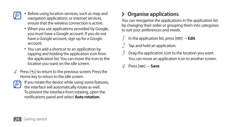 Organise applications | Samsung YP-G70CW-WON User Manual | Page 24 / 127