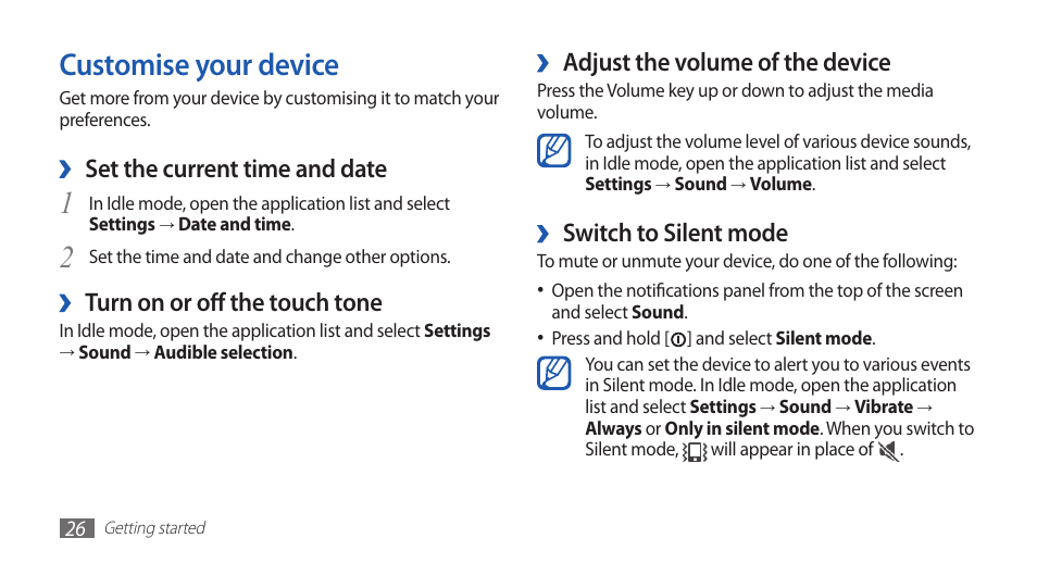 Customise your device, Adjust the volume of the device, Switch to silent mode | Set the current time and date, Turn on or off the touch tone | Samsung YP-G70CW-WON User Manual | Page 26 / 127