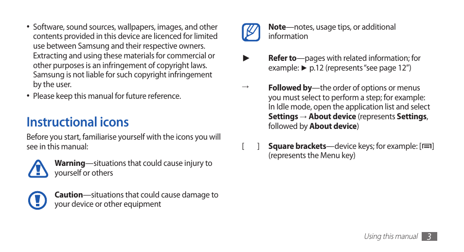 Instructional icons | Samsung YP-G70CW-WON User Manual | Page 3 / 127
