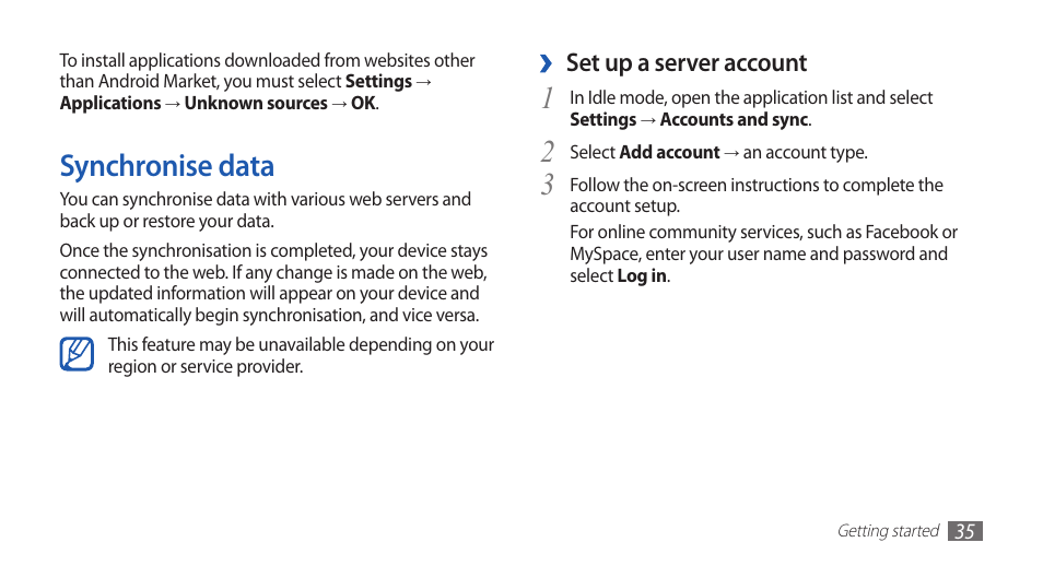 Synchronise data, Set up a server account | Samsung YP-G70CW-WON User Manual | Page 35 / 127