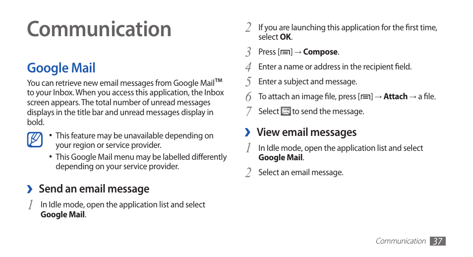 Communication, Google mail | Samsung YP-G70CW-WON User Manual | Page 37 / 127