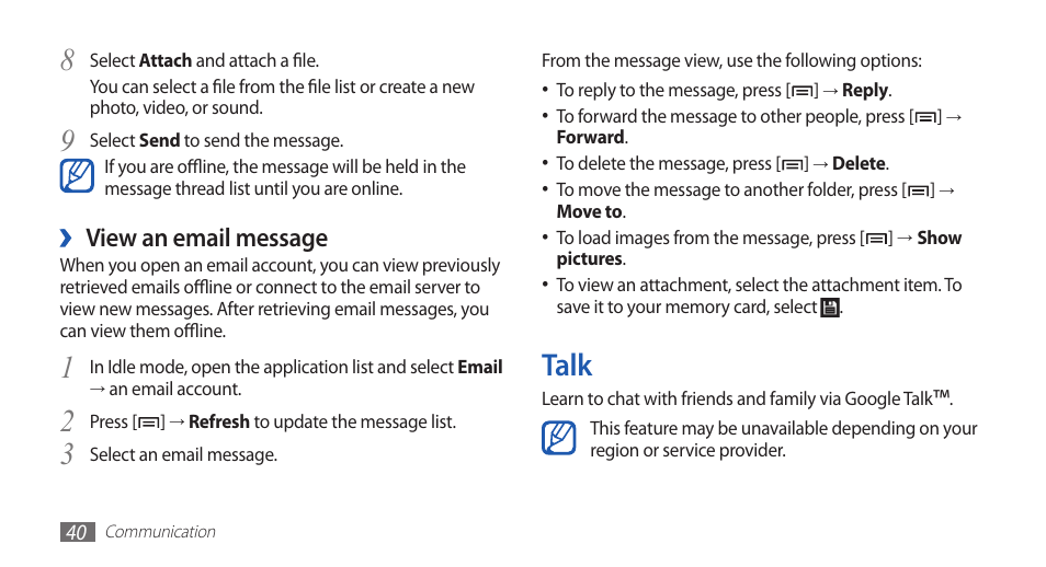 Talk, View an email message | Samsung YP-G70CW-WON User Manual | Page 40 / 127