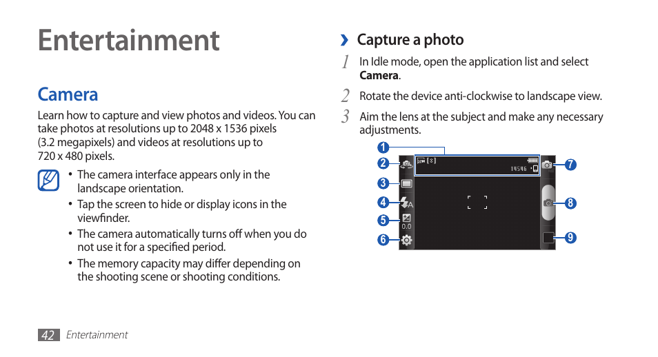 Entertainment, Camera | Samsung YP-G70CW-WON User Manual | Page 42 / 127
