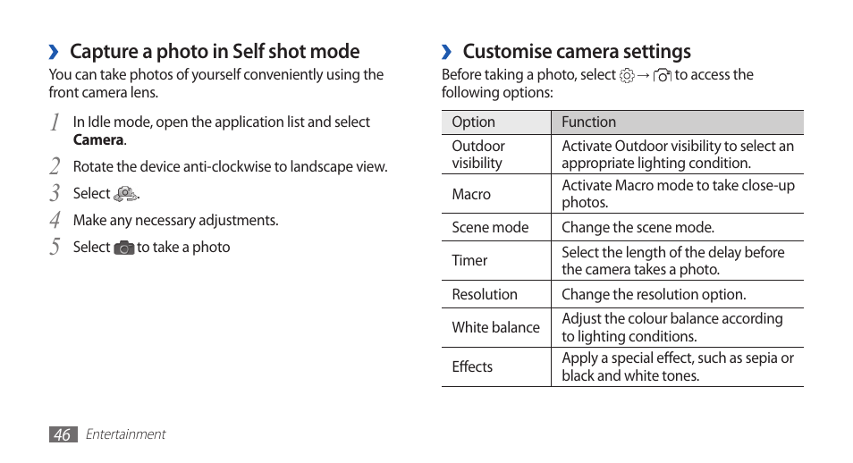 Customise camera settings, Capture a photo in self shot mode | Samsung YP-G70CW-WON User Manual | Page 46 / 127