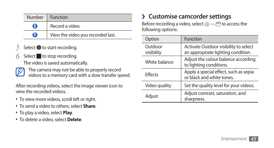 Customise camcorder settings | Samsung YP-G70CW-WON User Manual | Page 49 / 127
