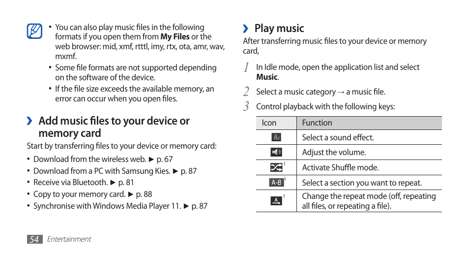 Play music, Add music files to your device or | Samsung YP-G70CW-WON User Manual | Page 54 / 127