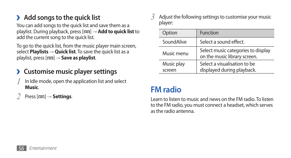 Fm radio, Add songs to the quick list, Customise music player settings | Samsung YP-G70CW-WON User Manual | Page 56 / 127