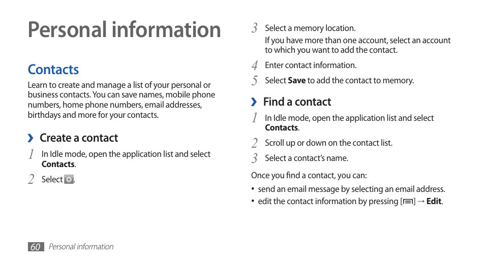 Personal information, Contacts | Samsung YP-G70CW-WON User Manual | Page 60 / 127