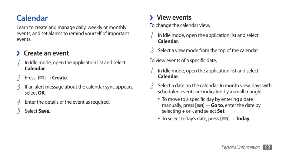 Calendar | Samsung YP-G70CW-WON User Manual | Page 63 / 127