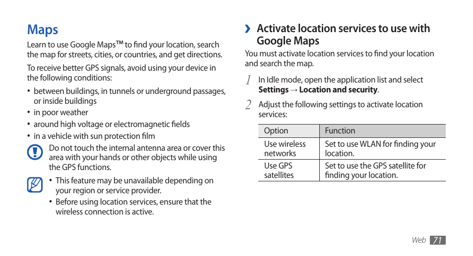 Maps, Activate location services to use with, Google maps | Samsung YP-G70CW-WON User Manual | Page 71 / 127
