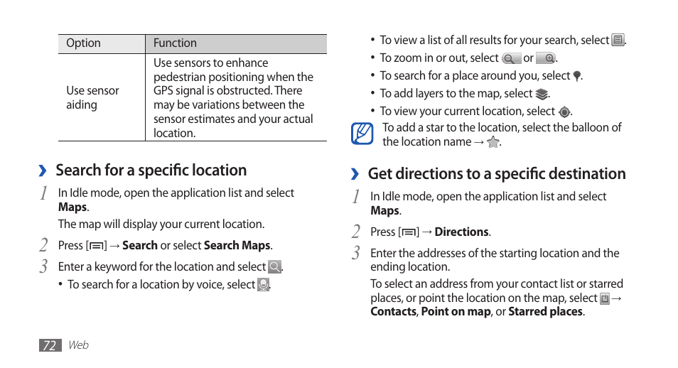 Get directions to a specific destination, Search for a specific location | Samsung YP-G70CW-WON User Manual | Page 72 / 127