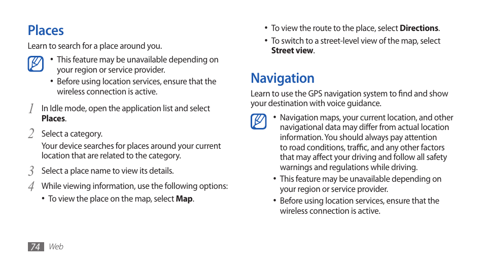 Places, Navigation, Places navigation | Samsung YP-G70CW-WON User Manual | Page 74 / 127