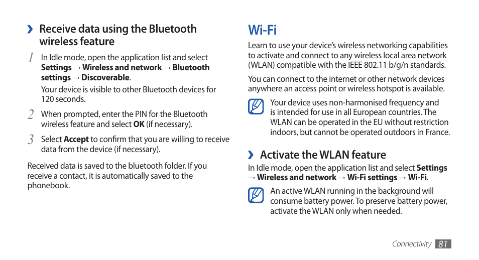 Wi-fi, Activate the wlan feature, Receive data using the bluetooth wireless feature | Samsung YP-G70CW-WON User Manual | Page 81 / 127
