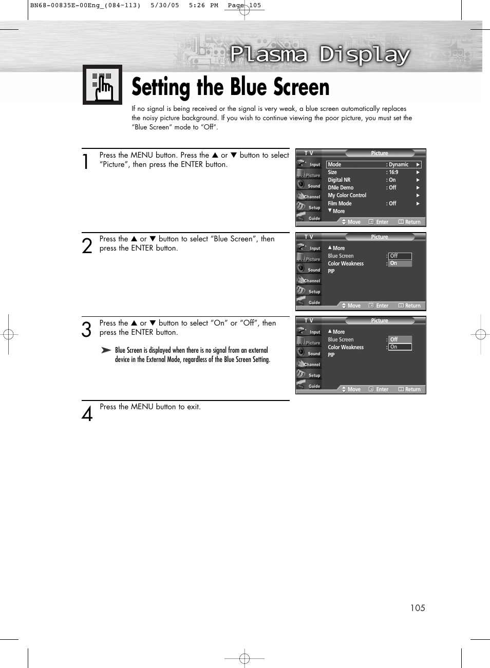 Setting the blue screen | Samsung HPR4262X-XAA User Manual | Page 105 / 144