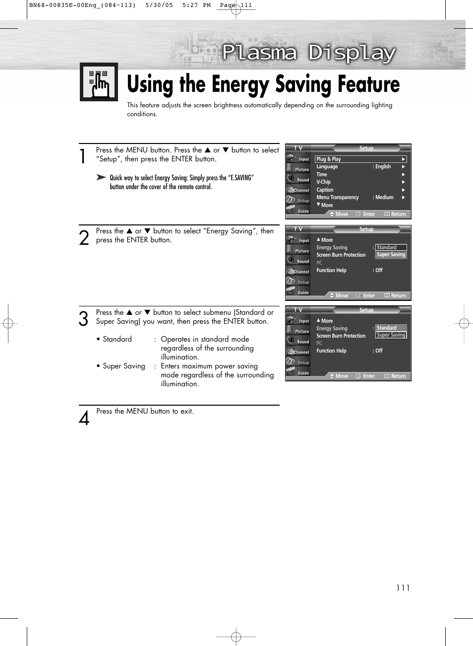 Using the energy saving feature | Samsung HPR4262X-XAA User Manual | Page 111 / 144