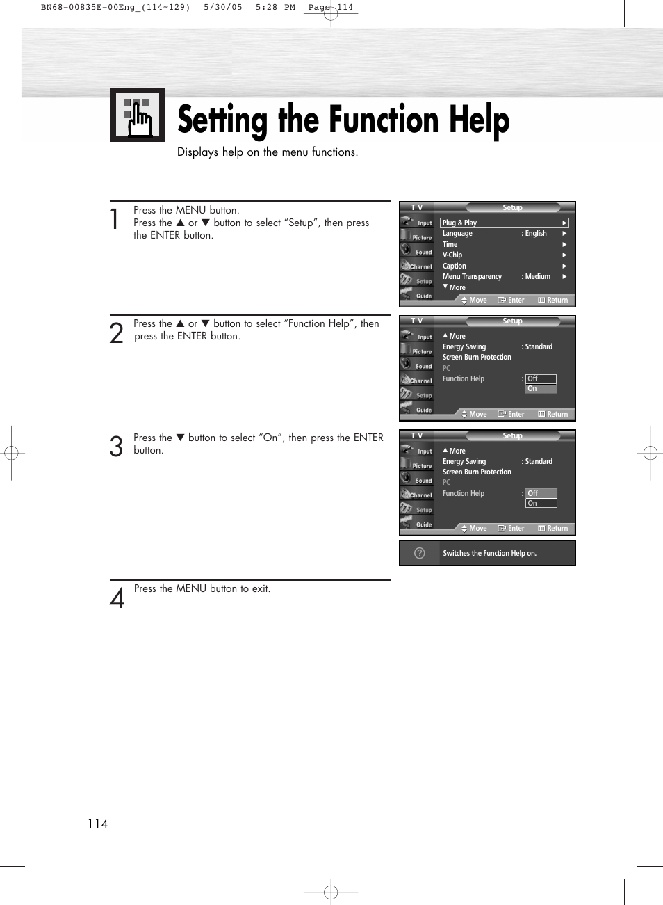 Setting the function help | Samsung HPR4262X-XAA User Manual | Page 114 / 144
