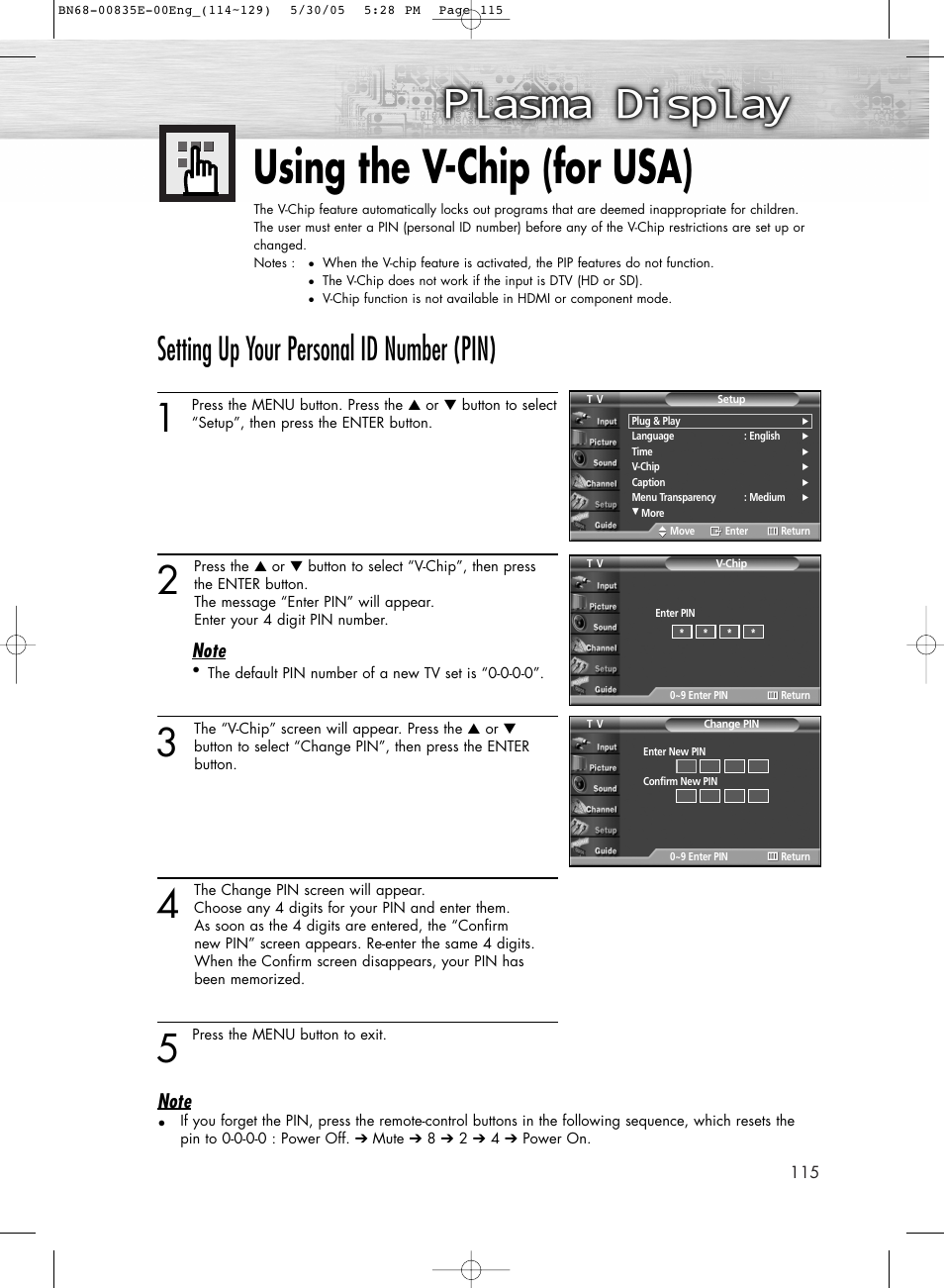 Using the v-chip (for usa), Setting up your personal id number (pin) | Samsung HPR4262X-XAA User Manual | Page 115 / 144