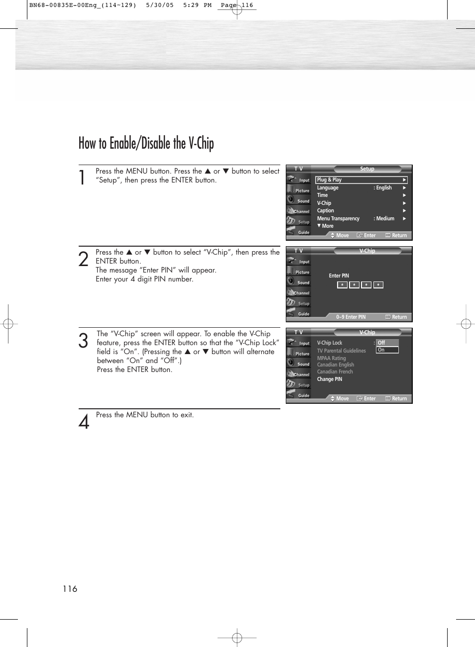 How to enable/disable the v-chip | Samsung HPR4262X-XAA User Manual | Page 116 / 144