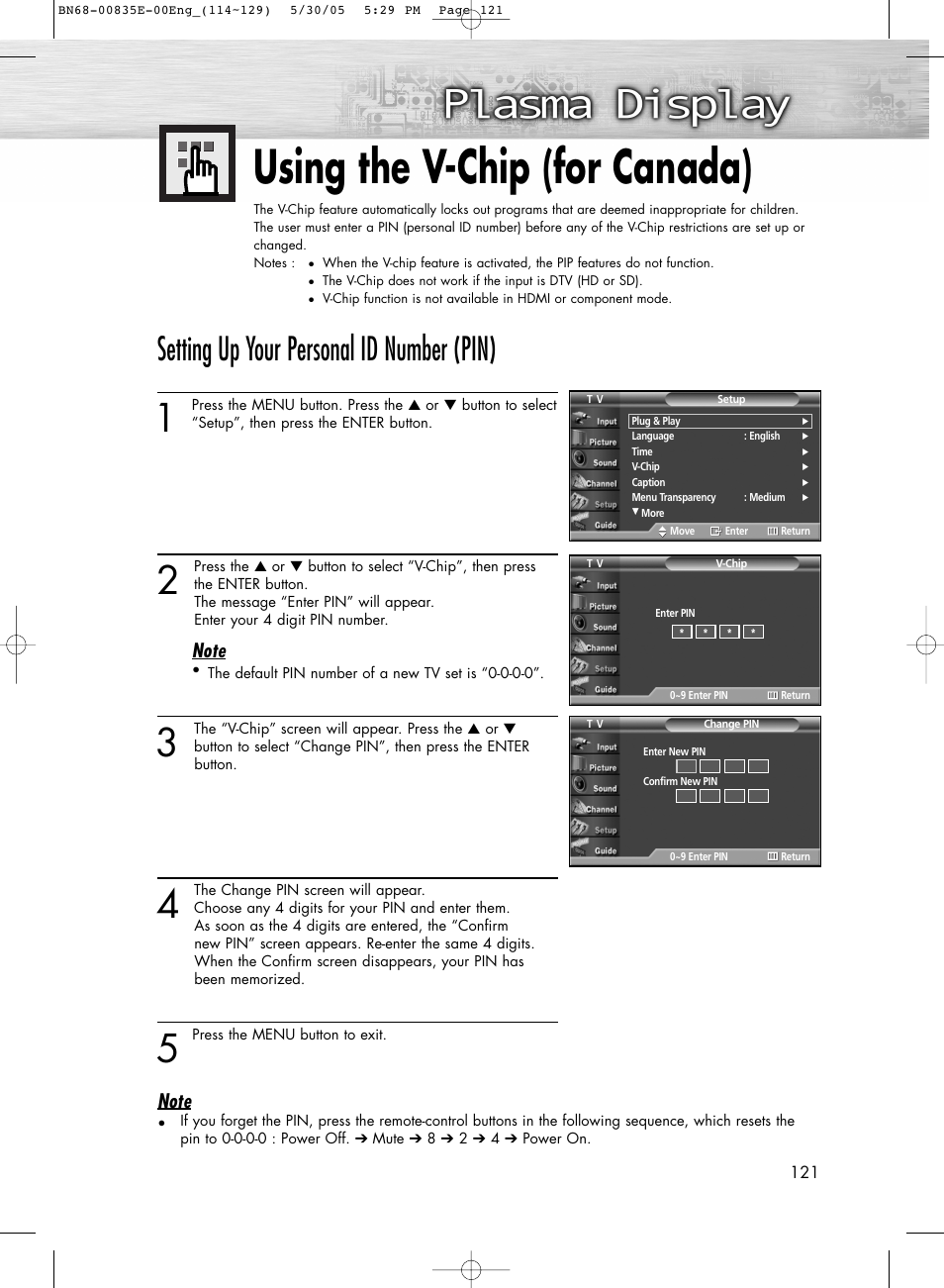 Using the v-chip (for canada), Setting up your personal id number (pin) | Samsung HPR4262X-XAA User Manual | Page 121 / 144