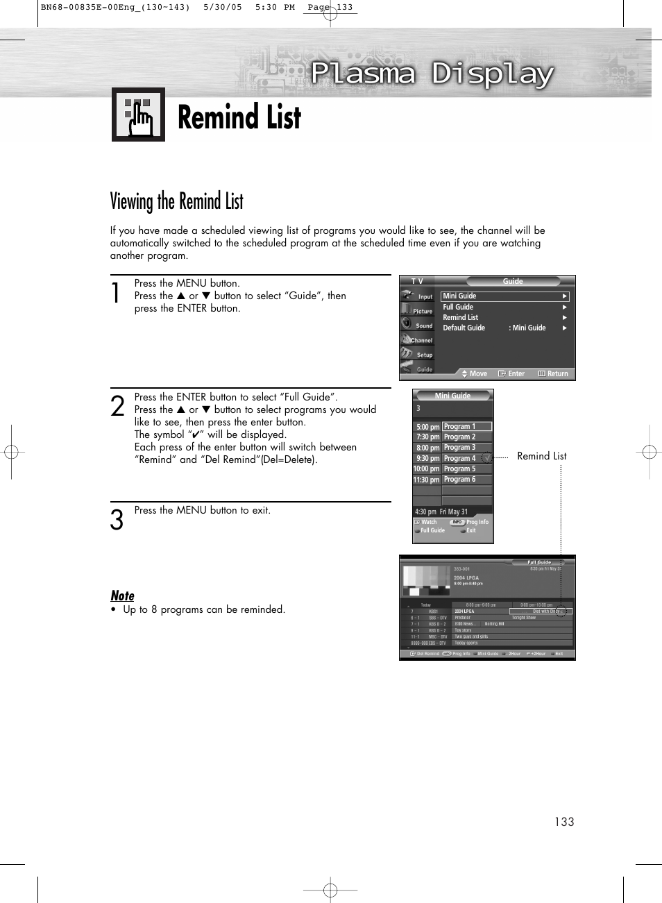 Remind list, Viewing the remind list | Samsung HPR4262X-XAA User Manual | Page 133 / 144