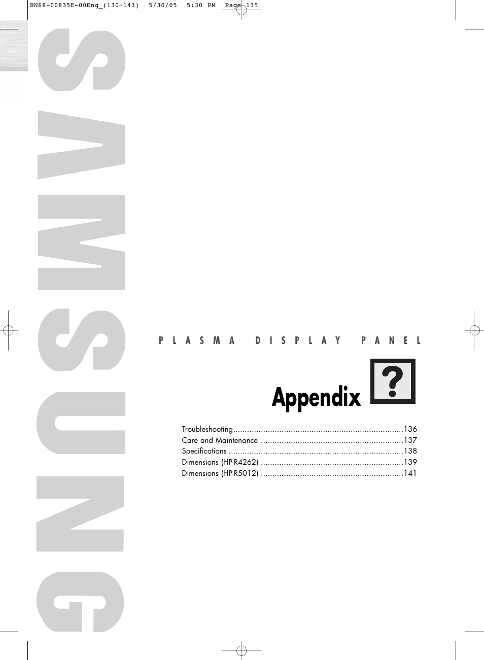 Appendix | Samsung HPR4262X-XAA User Manual | Page 135 / 144