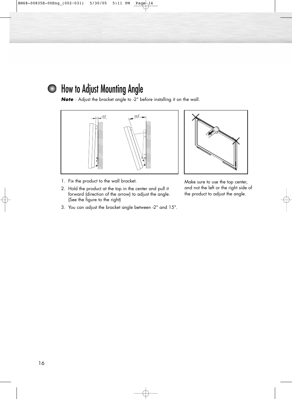 How to adjust mounting angle | Samsung HPR4262X-XAA User Manual | Page 16 / 144