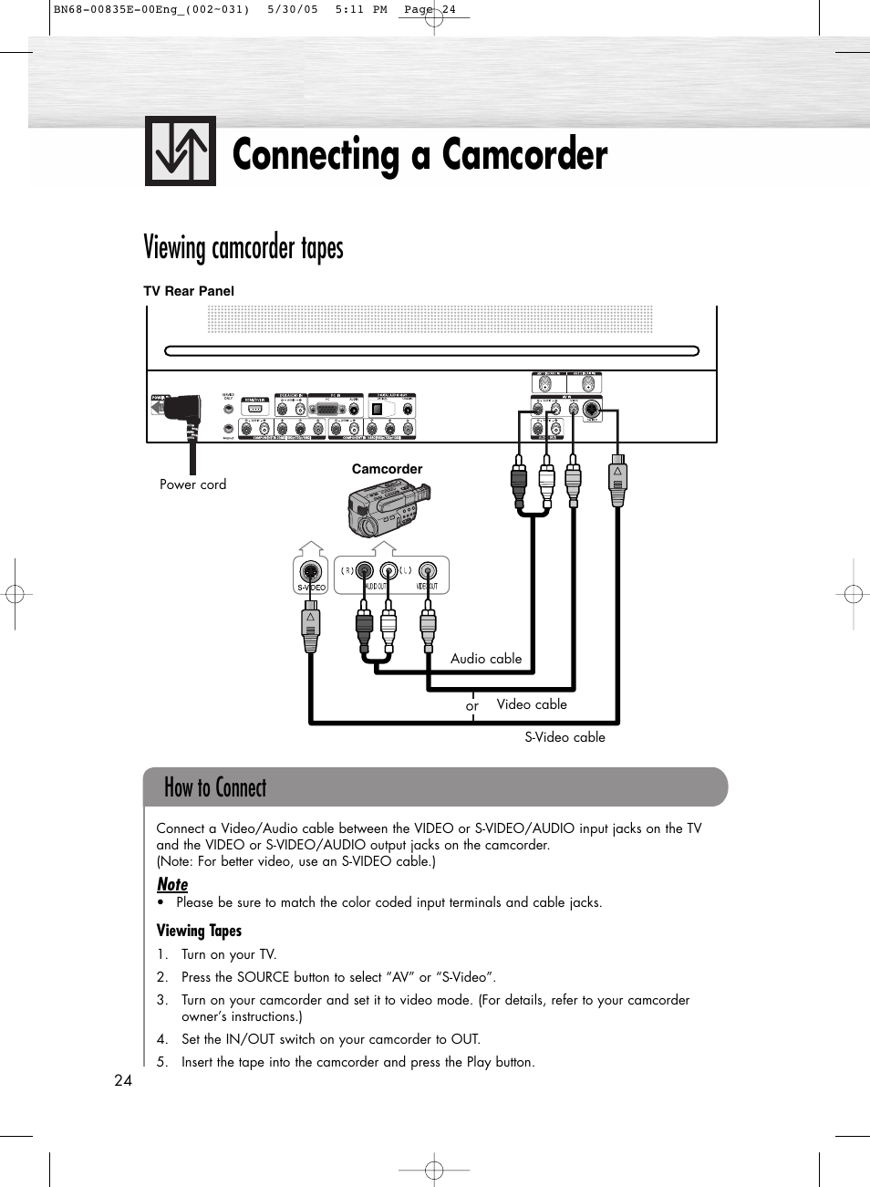 Connecting a camcorder, Viewing camcorder tapes, How to connect | Samsung HPR4262X-XAA User Manual | Page 24 / 144