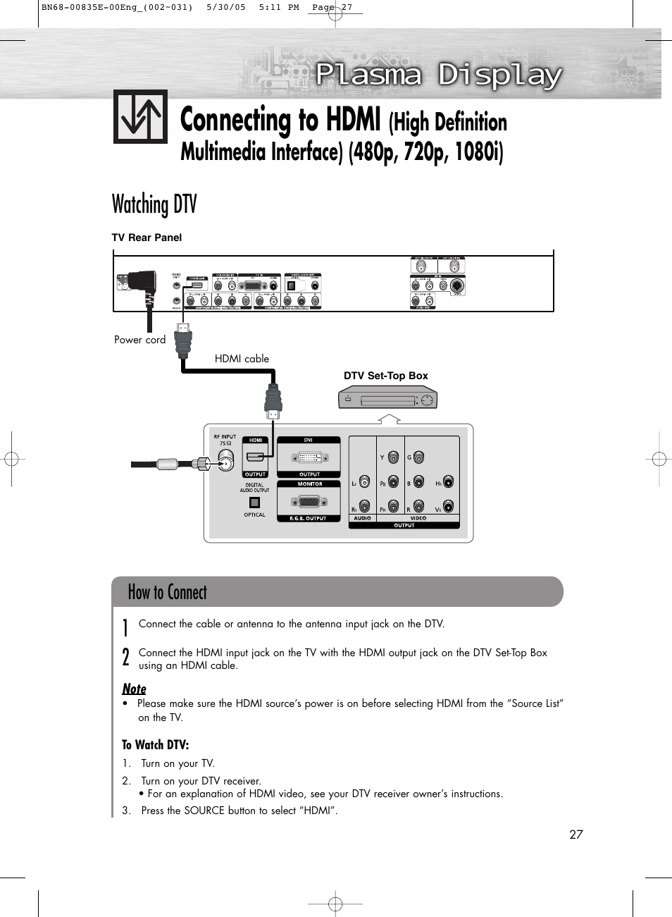 Connecting to hdmi, Watching dtv, How to connect | Samsung HPR4262X-XAA User Manual | Page 27 / 144